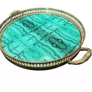 Vintage Faux Malachite Green Brass Rimmed Round Serving Tray 12” Made In Italy